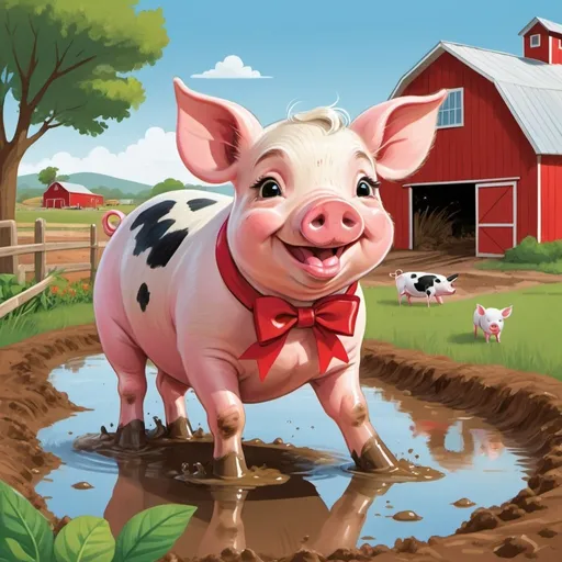 Prompt: Mary the pig is happily rolling in a muddy puddle, she is wearing a red bow in her head. La Vaquita Castro stands nearby, smiling and greeting her. The farm is vibrant with plants and animals, and a barn can be seen in the background.

 Flat & vector illustration, small children's book cartoon style.