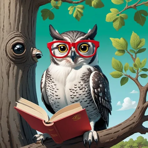 Prompt: Marty the owl perches on a branch of a big oak tree, wearing red glasses and holding a book in his talon. La Vaquita Castro looks up at him, intrigued. The tree is full of green leaves