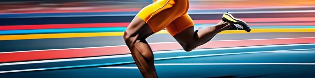 Prompt: 100-meter sprinters crossing the finish line, sleek digital illustration, intense motion blur, high energy, futuristic track surface, dynamic poses, professional finish, highres, vibrant colors, futuristic, athletic, sleek design, dynamic composition, energetic, professional lighting