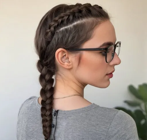 Prompt: A brunette girl with glasses and hair in one braid at the back