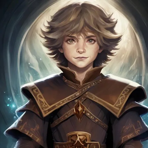 Prompt: Portrait of a child sorcerer, DnD, Celestial sorcerer, proud expression, detailed  leather armor, high quality, short brown hair