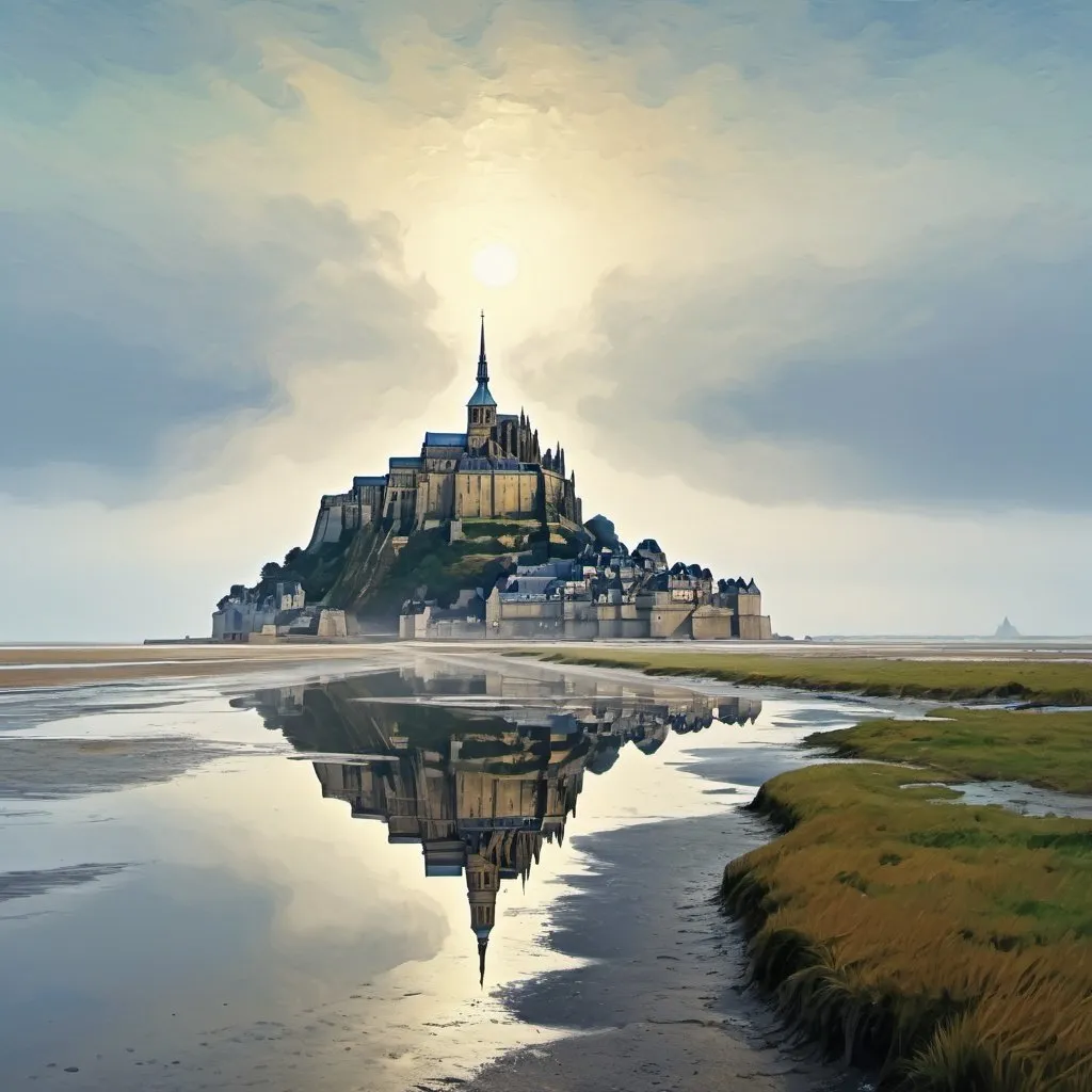 Prompt: 300 dpi 4K Painting 
mont saint michel, morning, fog, low tide, van gogh painting style