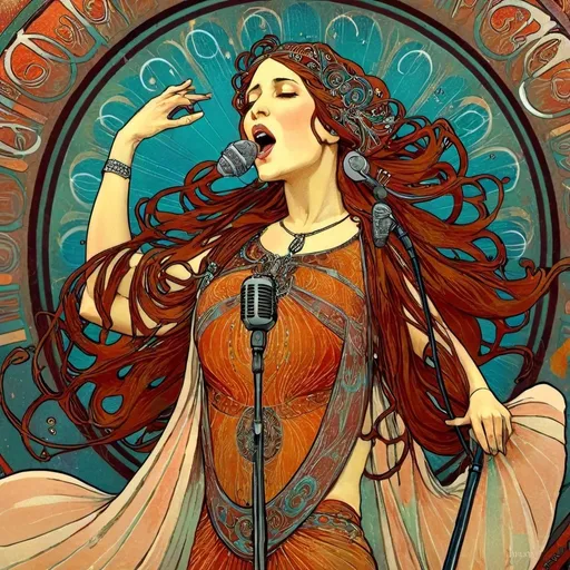 Prompt: Alphonse Mucha Style, art nouveau illustration of Ayalla Karina,  a rockstar, thick lines, intricate details, beautiful bold colors as she sings into a microphone 