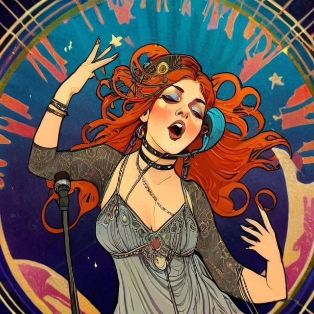 Prompt: Alphonse Mucha Style, art nouveau illustration of Ayalla Karina,  a rockstar, thick lines, intricate details, beautiful bold colors as she sings into a microphone. She is colorful with punk makeup and nose ring.  She has a dynamic pose as she kicks while she sings.