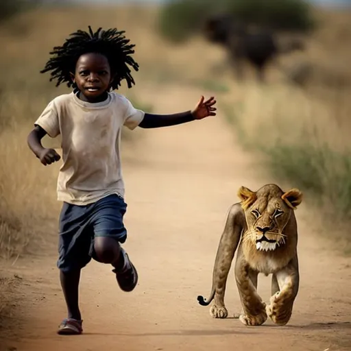 Prompt: African child chased by lion