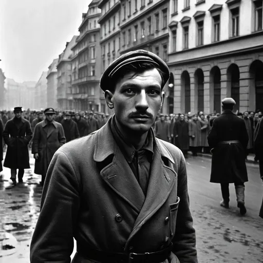 Prompt: A hungarian man in 1956 in Budapest during the revolution.