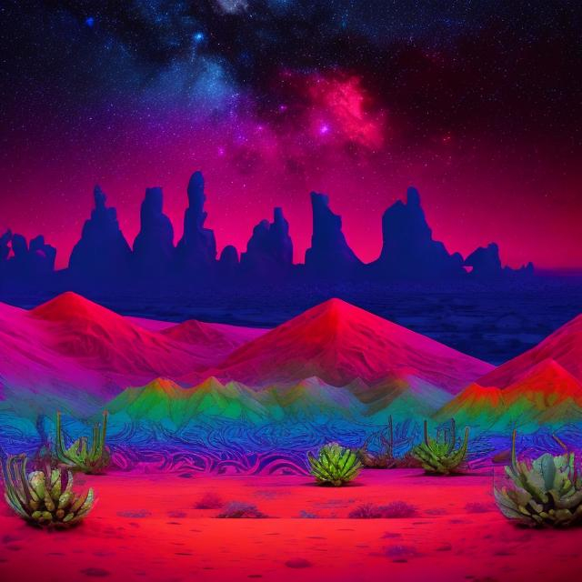 Prompt: psychedelic desert at night with stars in the night sky and a city in the distance 