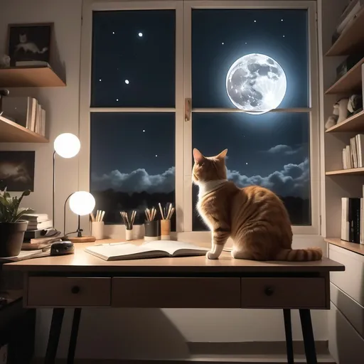 Prompt: A cat is sitting on the table of my aesthetic room's study table watching beutifully shining moon in the night sky slightly hiding with clouds