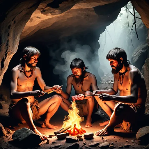 Prompt: Three primitive people make a fire and eat meat in a cave