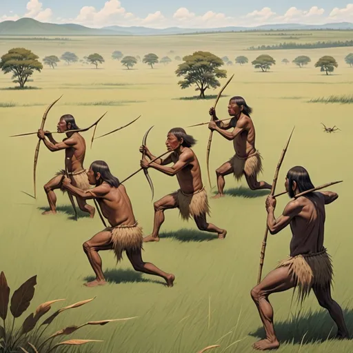 Prompt: Five primitive people hunting with spears on the grassland