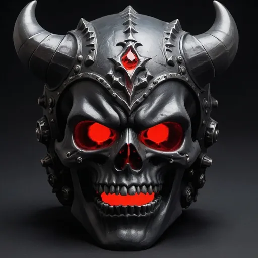 Prompt: Design a menacing skull mask without a jaw that exudes a devilish and demonic aura. The mask should have sharp, angular features with intricate, hellish textures. Incorporate elements like horns, fangs, and glowing red eyes to enhance its fearsome appearance. The surface of the mask should have a cracked, burnt texture, as if forged in the fires of the underworld. Use dark and deep hues, such as black, crimson, and dark grey, to give it a sinister and otherworldly feel