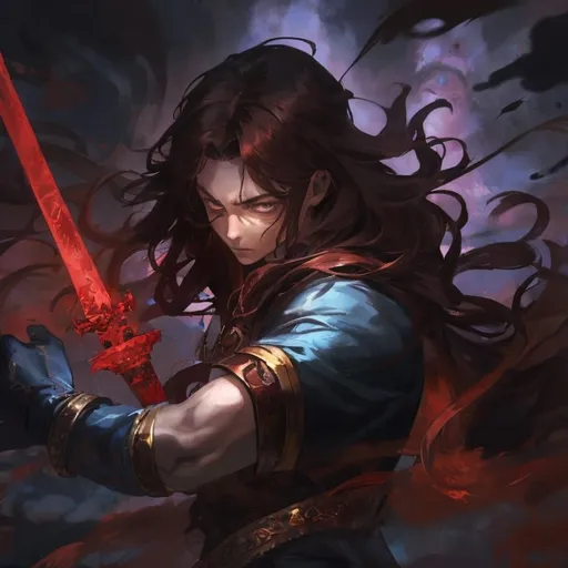 Prompt: Fantasy illustration of a brooding swordsman, long brown hair, intense and mystical red power, magical fantasy style, detailed eyes and expression, flowing brown hair, mystical aura, high quality, detailed, fantasy, brooding, intense red power, magical, detailed hair, atmospheric lighting