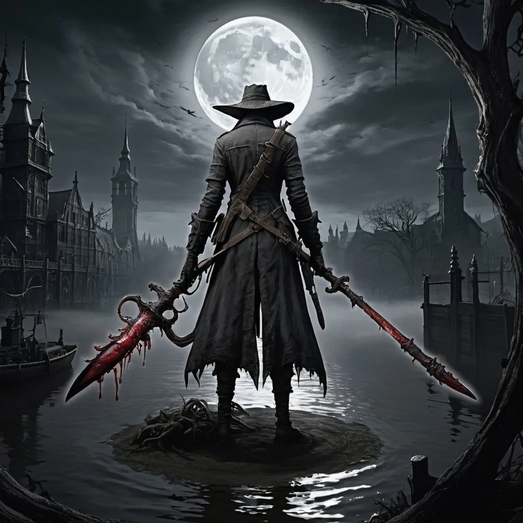 Prompt: bloodborne, theme fishing helmwek, moonlight sword, sub niggurath background