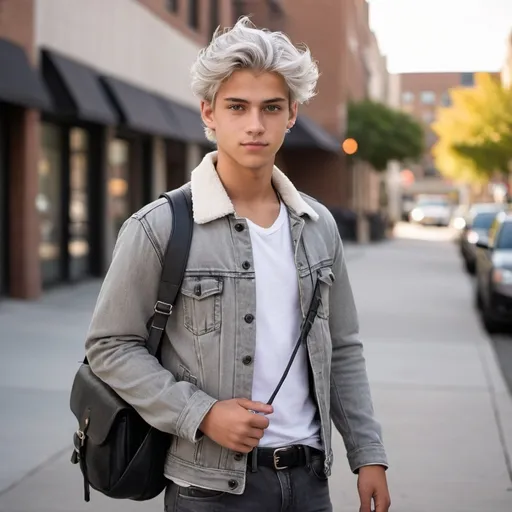 Prompt: 18 year old male, has (sand tanned skin), (6ft tall), with, (Medium grey eyes), (Fluffy silver hair with dark brown roots), wearing a (white shirt), (worn medium grey jean jacket), (black jeans), and (black crossbody messenger bag)