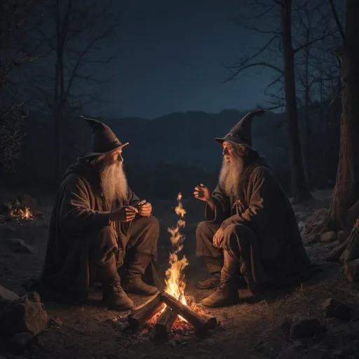 Prompt: two wizards sitting around a camp fire at night during the dark ages