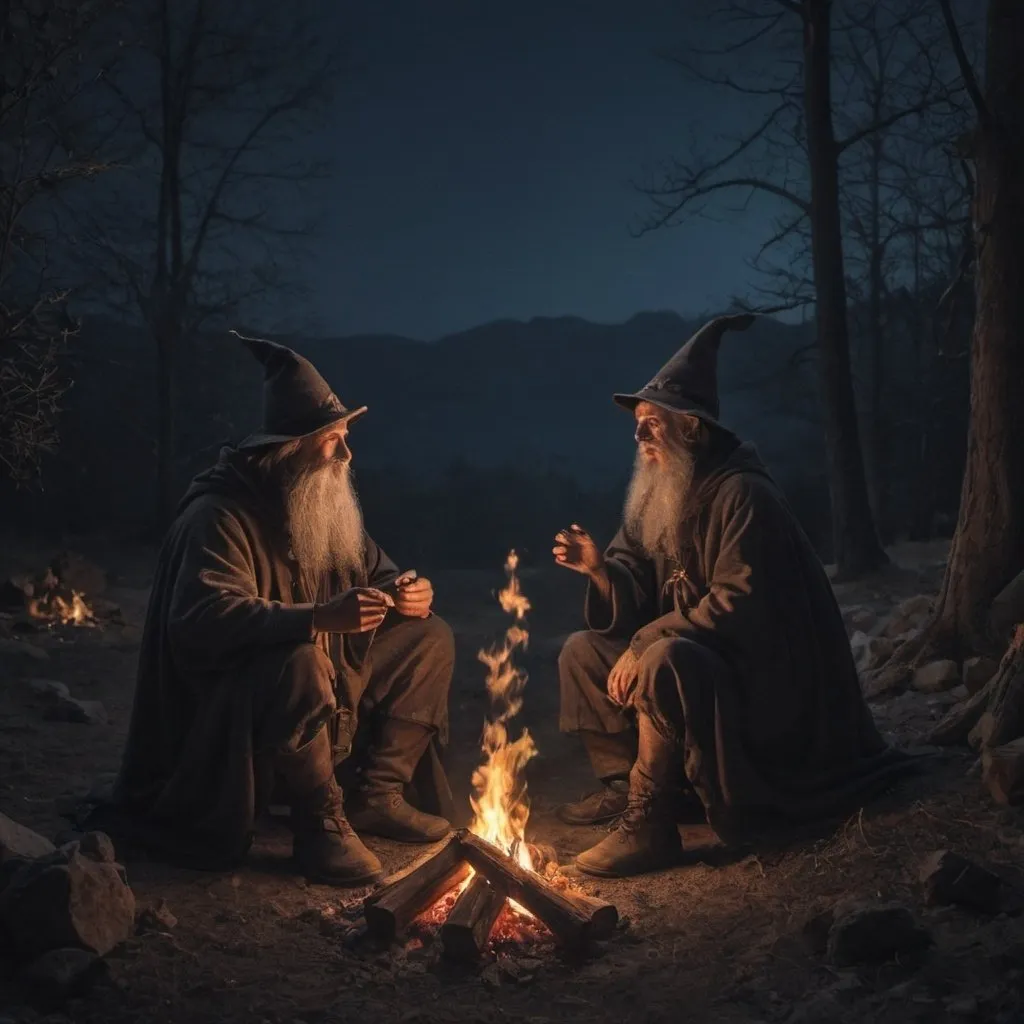 Prompt: two wizards sitting around a camp fire at night during the dark ages