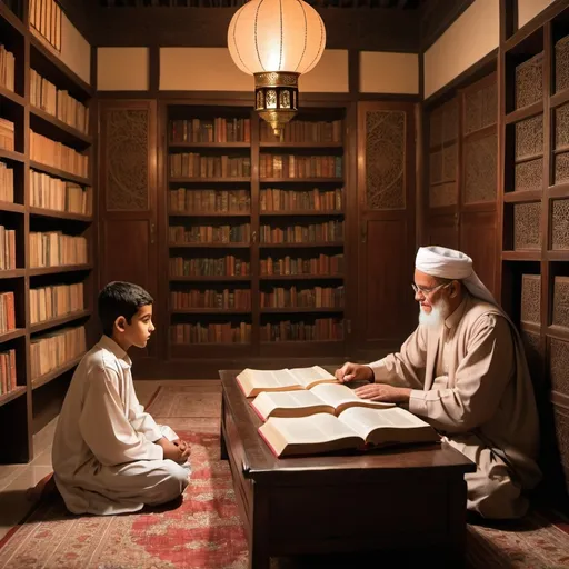 Prompt: Depict a serene, scholarly setting in a traditional Islamic study room, where a young student is attentively learning about the Shafi'i school of thought from his wise uncle, Abu Ibrahim al-Muzani. The room is adorned with shelves filled with ancient books, and the soft glow of a lantern illuminates their faces as they discuss the intricacies of Islamic jurisprudence. The student, dressed in modest traditional attire, listens intently while his uncle, a venerable scholar, explains with a gentle, guiding hand."