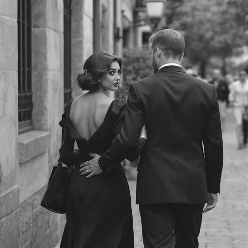 Prompt: Molim te da napravis fotografiju prelijepe zenske osobe,bjelkinje crne kose, kako seta u drustvu markantnog muskarca seta u dugackoj crnoj haljini i poslije 40 godina srijece svoju ljubav, okrenute glave unazad, gdje joj se na licu vide jasno tragovi iznenadjenja i suze...pokusaj najvecom rezolucijom u crno bijeloj tehnici