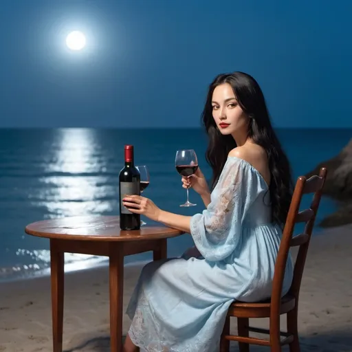 Prompt: On the seashore, a slightly  woman with long black hair with , table on the holding a red wine bottle and a glass in her hand, is sitting on the chair with her back turned. The moonlight is shining on the sea. The woman is wearing a beautiful light blue designer dress.
