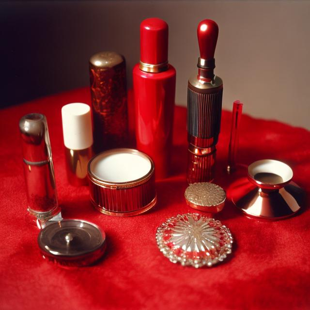 Prompt: red beauty items old Hollywood, 70s photography
