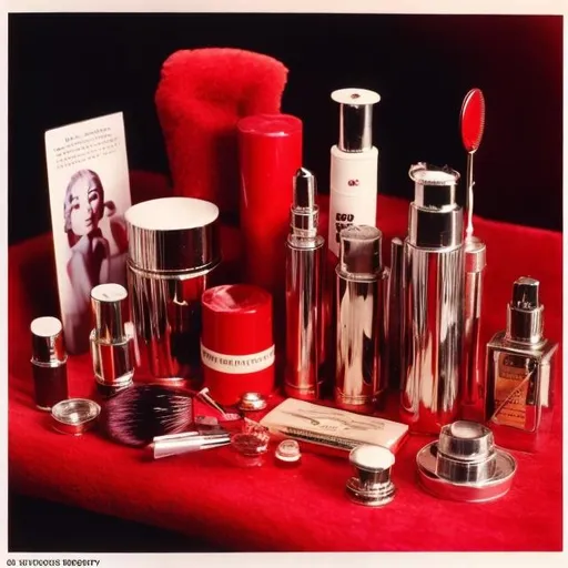 Prompt: red beauty items old Hollywood, 70s photography
