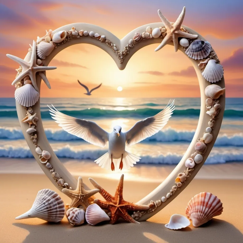 Prompt: a heart shaped frame with seashells and starfish on the beach at sunset with a seagull flying over the ocean, Anne Stokes, romanticism, ocean, an airbrush painting