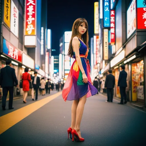 Prompt: Japanese woman, long legs, long hair, colorful dress, high heels, Shinjuku, Tokyo, professional photography, vibrant colors, anime style, city lights, atmospheric lighting