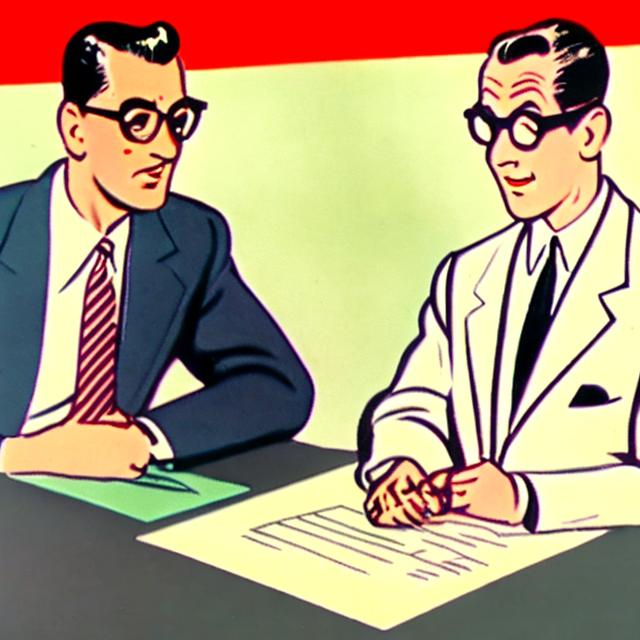 Prompt: salesman helping a client make a buying decision 1950s animation style, youtube thumbnail size
