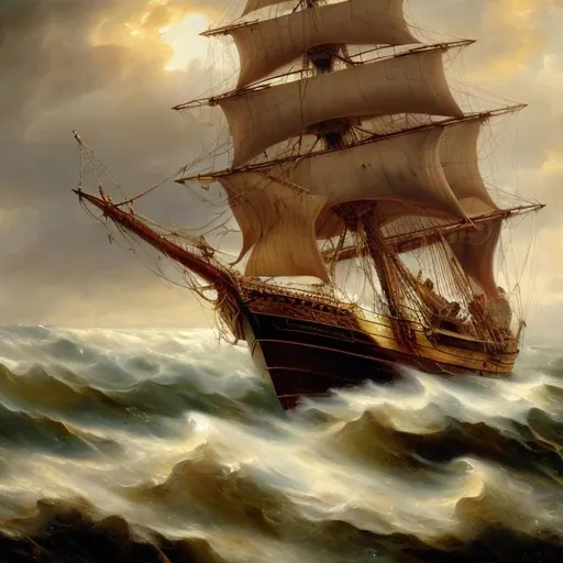 Prompt: Classic oil painting of 1800s ship on rough seas, vintage styling, rich and warm color tones, luxurious fabric textures, opulent gold accents, high quality, classic, vintage, rich color tones, detailed facial features, opulent, oil painting, warm lighting