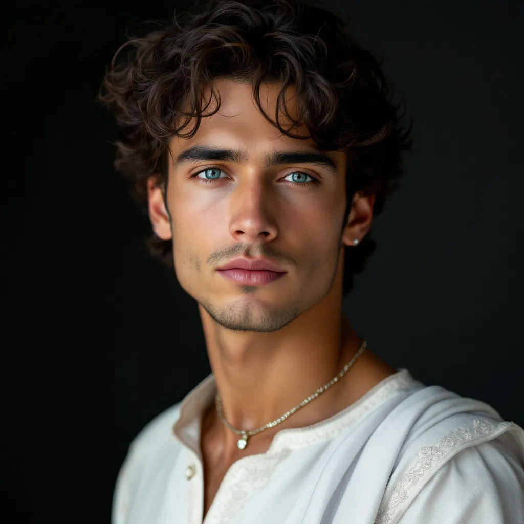 Prompt: handsome boney tall guy with curly hairs blue eyes aged 27 years from Indian origin wearing traditional outfit