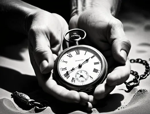 Prompt: Black and white photo, sand flowing from clenched fist, old-style pocket watch, time running out, vintage, high contrast, detailed textures, monochrome, dramatic lighting