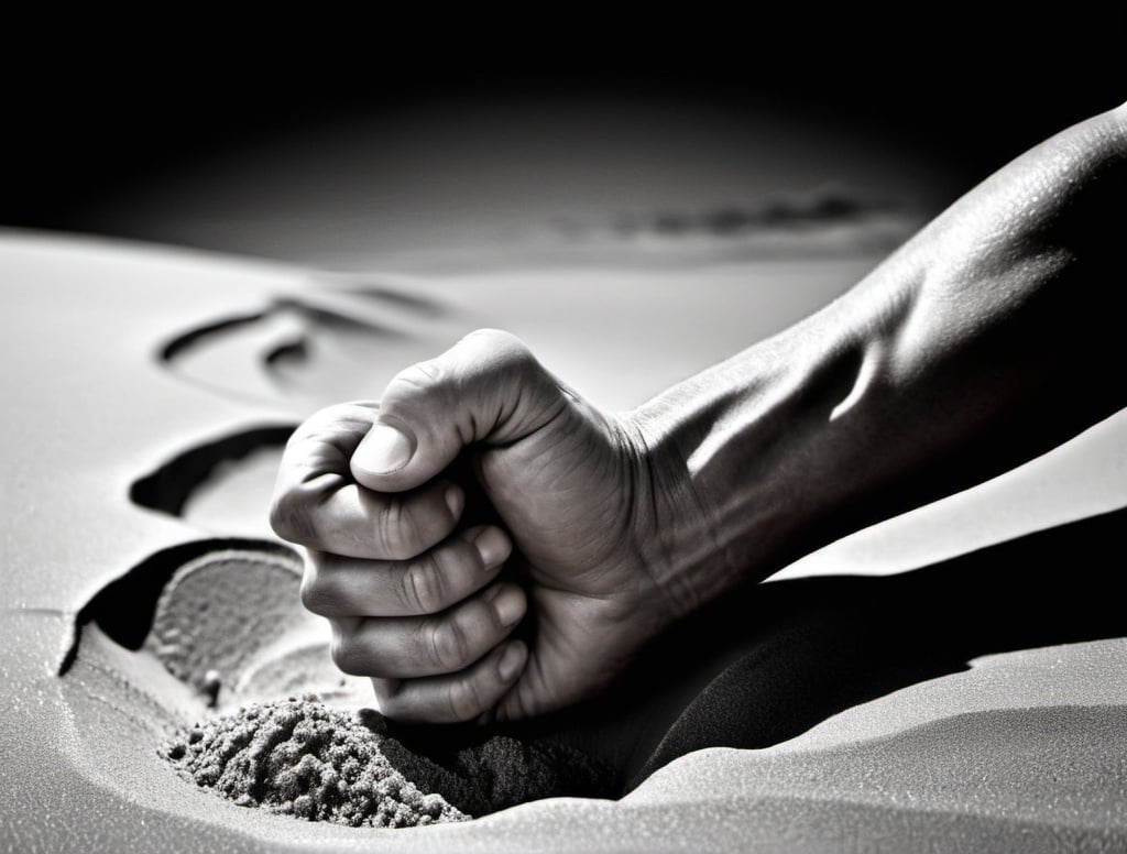 Prompt: Black and white photo, sand flowing from clenched fist, illustrating time running out, vintage, high contrast, detailed textures, monochrome, dramatic lighting