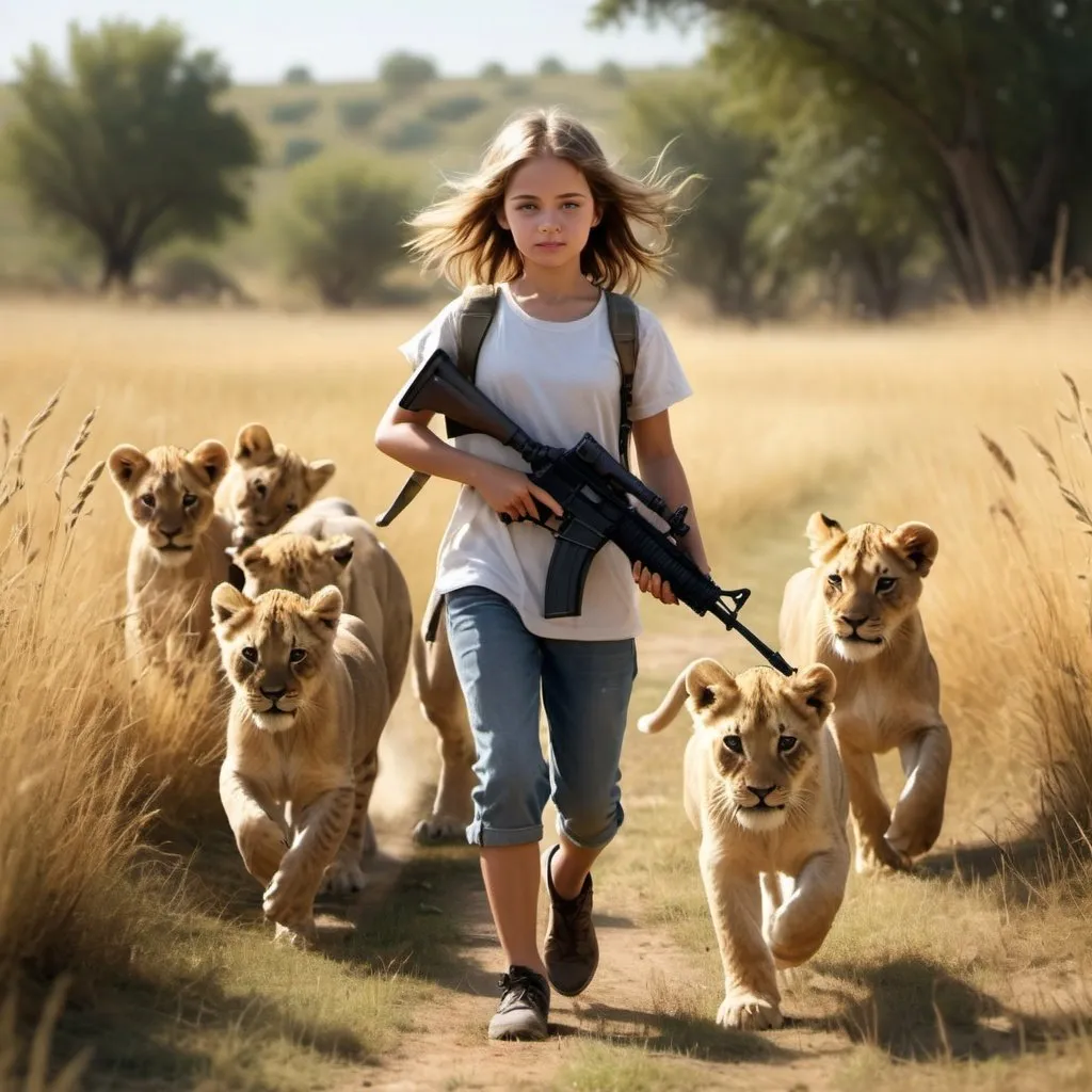 Prompt: girl walking through field sunny running dog photo 3 dementional realistic with an automatic rifle in her hand holding a kitten herd of lions following