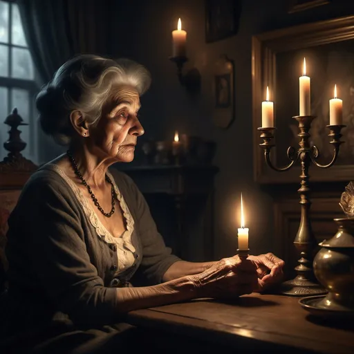 Prompt: (mysterious scene), a woman with an intense expression, sitting in a dimly lit room, interacting with her great grandmother, shadows casting around, (dark theme) enveloping the atmosphere, rich deep blacks and dusky grays, flickering candle light illuminating their faces, intriguing backdrop filled with antique decor, (4K) ultra-detailed, creates a sense of nostalgia and suspense.