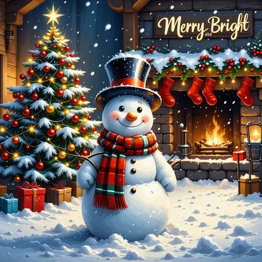 Prompt: "Create a vibrant and festive Christmas t-shirt design featuring a cozy winter scene. The design should include a cheerful snowman wearing a scarf and top hat, standing next to a decorated Christmas tree. The tree should be adorned with twinkling lights, ornaments, and a shiny star on top. Snowflakes gently fall around the scene, and in the background, there should be a warm, glowing fireplace inside a cabin with stockings hanging. Add the words 'Merry and Bright' in a playful, handwritten font at the top or bottom, surrounded by holly leaves and berries. The colors should be traditional red, green, white, and gold, evoking a joyful holiday spirit."