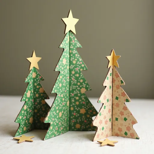 Prompt: Generate 3 different ideas on christmas using shape borrowing of christmas tree cardboard 