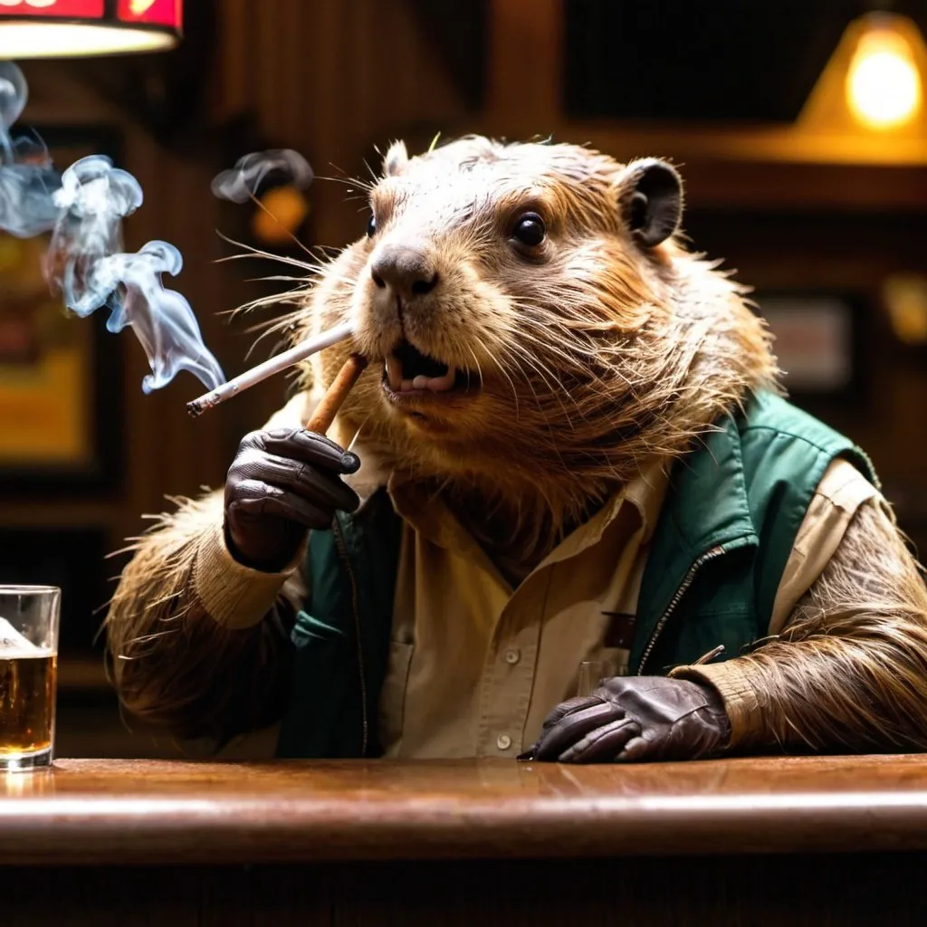 Prompt: beaver man drinking and smoking at a bar