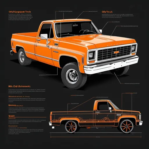 Prompt: schematic/ diagram of old square body truck, orange background

