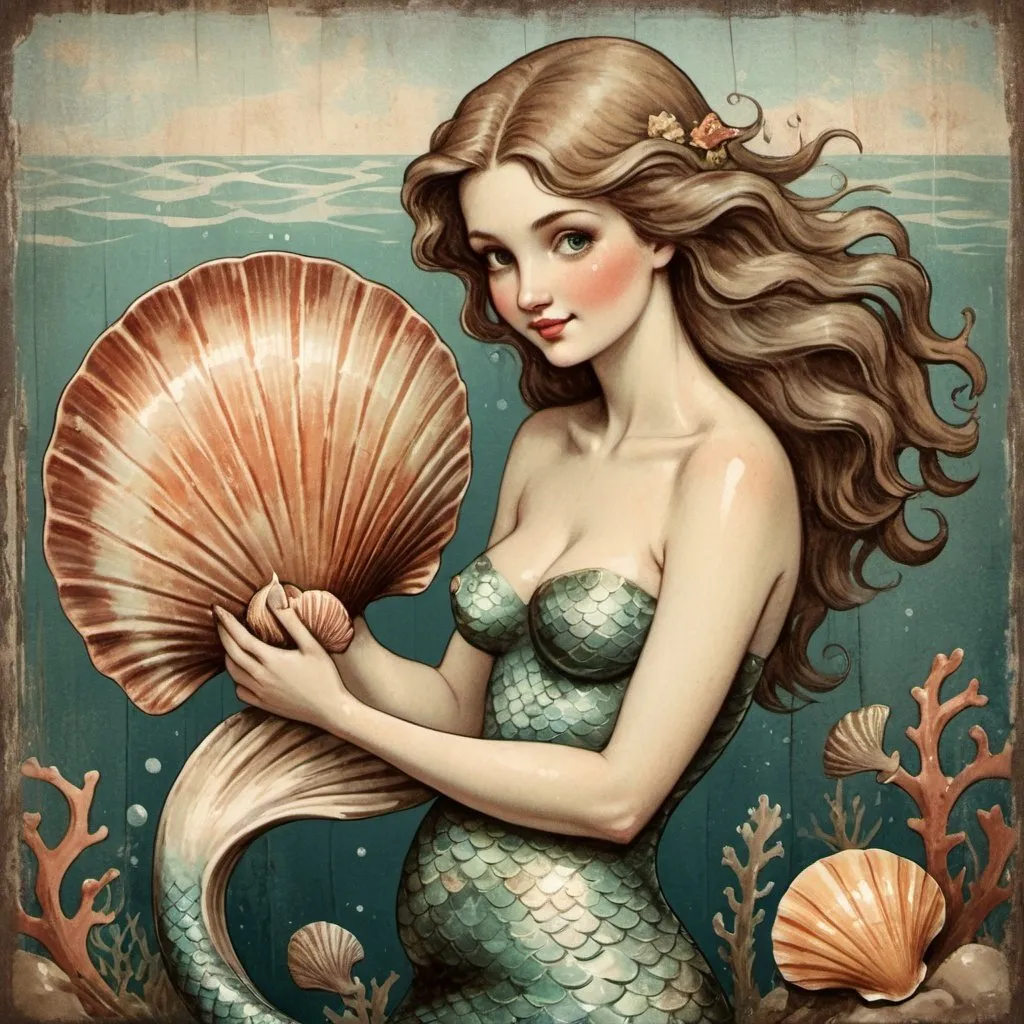 Prompt: Folk art vintage illustration of a mermaid holding a large shell, weathered texture, rustic charm, antique painting style, marine theme, whimsical details, vintage color palette, soft lighting, high quality, detailed, vintage, marine life, folk art, weathered texture, rustic charm, antique style, whimsical, vintage colors, soft lighting