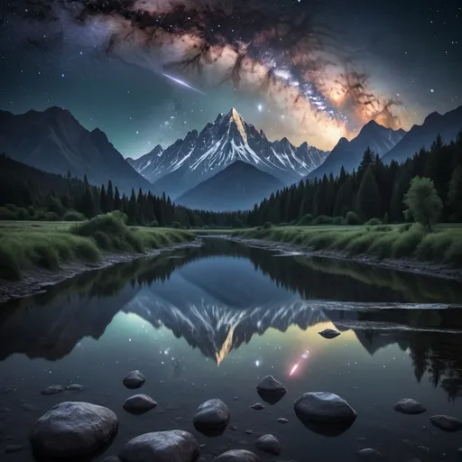 Prompt: serene night landscape where a majestic mountain range stands tall beneath a breathtaking view of the universe. The mountains are dark silhouettes against the starry sky, their peaks dusted with snow, gently reflecting the soft glow of the cosmos. A tranquil river winds through the foreground, its surface mirroring the celestial display above—stars, galaxies, and nebulae—creating a seamless connection between earth and sky. The river shimmers with the reflected light of the Milky Way, which arcs gracefully across the horizon, illuminating the scene with a gentle, ethereal glow. The universe above and the peaceful landscape below blend into a harmonious and awe-inspiring vision of nature and the cosmos intertwined.