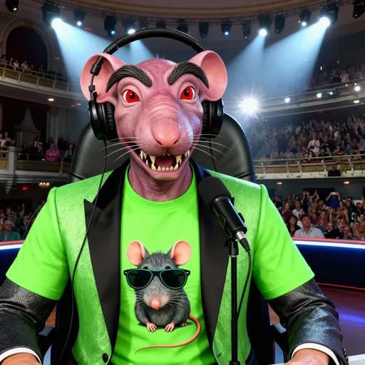 Prompt: Put rat face on image. add very large arched eyebrows.   Put bright green tshirt that has a rate wearing sunglasses on it.  on him.  put a fancy suit on. 
