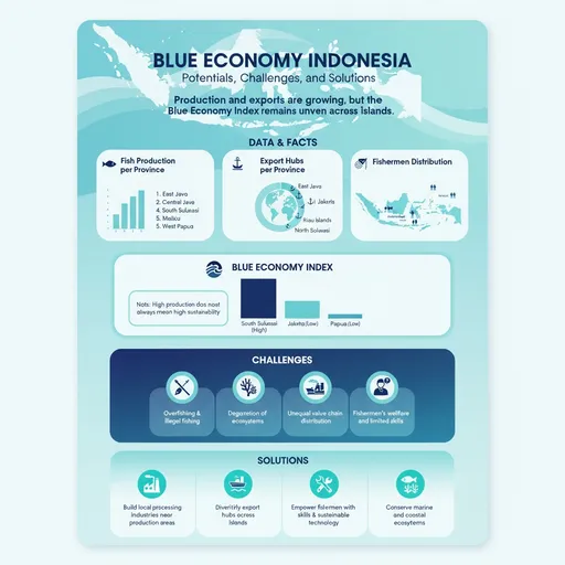 Prompt: "Design a portrait A3 infographic titled 'Blue Economy Indonesia: Potentials, Challenges, and Solutions'. Use a clean, modern ocean-inspired theme with colors like navy blue, turquoise, and white. Incorporate simple icons of fish, boats, waves, factories, and communities to reinforce the maritime theme. Use rounded blocks, soft gradients, and a grid-based structure for clarity.
The infographic should be divided into five main sections:
Header (Top): A bold title with a short subtitle: 'Production and exports are growing, but the Blue Economy Index remains uneven across islands'. Add a stylized map of Indonesia with ocean waves in the background.
Data & Facts Section (Upper Middle): Create three side-by-side blocks with placeholders:
Fish Production per Province (top 5 provinces).
Export Hubs per Province (highlight main contributors like East Java, Jakarta, Bali).
Fishermen Distribution (map or icons to show provinces with most fishermen).
Each block should have space for a small chart or pictogram.
Blue Economy Index Section (Center): A ranking-style block with placeholder bars comparing high-scoring provinces (e.g., South Sulawesi) vs low-scoring ones (e.g., Jakarta, Papua). Add a note placeholder: 'High production does not always mean high sustainability'.
Challenges Section (Lower Middle): A wide block with four icons and text placeholders:
Overfishing & illegal fishing
Degradation of ecosystems (mangroves, coral reefs)
Unequal value chain distribution
Fishermen’s welfare and limited skills
Solutions Section (Bottom): A horizontal block divided into four columns, each with an icon and text placeholder:
Build local processing industries near production areas
Diversify export hubs across islands
Empower fishermen with skills & sustainable technology
Conserve marine and coastal ecosystems
Keep the design minimal and easy to scan, prioritizing visual storytelling over text. Ensure each block is distinct but visually connected through consistent colors, typography, and iconography."
