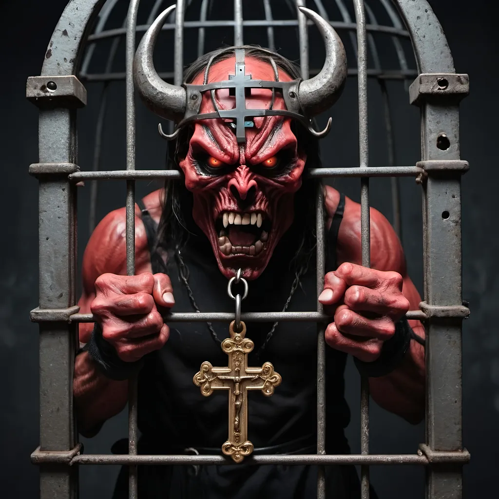 Prompt: an angry demon in a cage that is locked with an orthodox cross instead of a padlock
