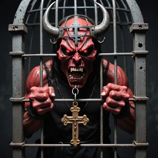 Prompt: an angry demon in a cage that is locked with an orthodox cross instead of a padlock
