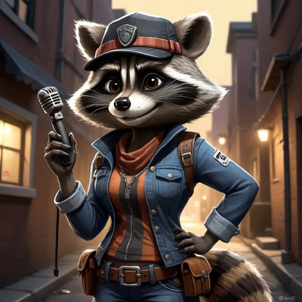 Prompt: Create a detailed, high-quality illustration of Riff the Raccoon, a female raccoon character. She has a black mask around her eyes and a striped tail. Riff is wearing a bandit’s hat with a slight tilt and a utility belt filled with various tools.((In one hand, she holds a microphone)). Her posture is confident and playful, with a sly smile on her face. The background is an urban setting at night, with dimly lit alleyways, rooftops, and hidden treasures scattered around. The scene should have a mix of shadows and subtle lights, emphasizing the stealthy atmosphere. Riff’s eyes should be expressive, showing her clever and mischievous nature.