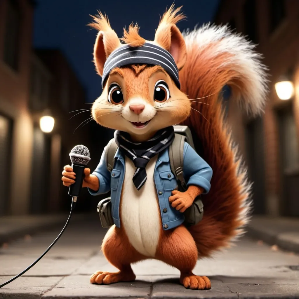 Prompt: Create a detailed, high-quality illustration of Spark the Squirrel, a male squirrel character. He has a black mask around his eyes and a striped tail. Spark is wearing a small adventurer’s backpack and a bandana around his neck. ((In one hand, he holds a microphone)). His posture is confident and playful, with a sly smile on his face. The background is an urban setting at night, with dimly lit alleyways, rooftops, and hidden treasures scattered around. The scene should have a mix of shadows and subtle lights, emphasizing the stealthy atmosphere. Spark’s eyes should be expressive, showing his clever and mischievous nature.