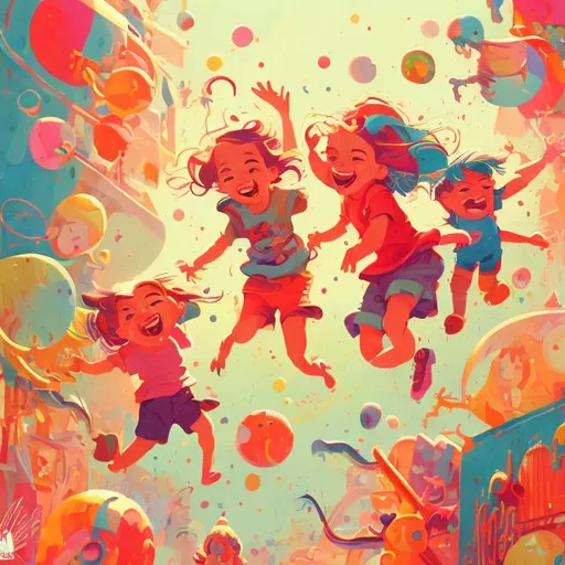 Prompt: Vibrant, whimsical illustration of playful kids, colorful, energetic, childlike wonder, high quality, cartoon, cheerful, warm tones, playful lighting, detailed expressions, joyful, dynamic composition, imaginative, lively atmosphere