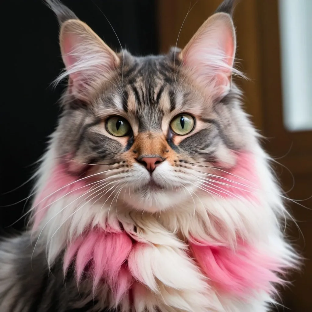 Prompt: a cute cat with pink splotches, the cat is a maine coon cat