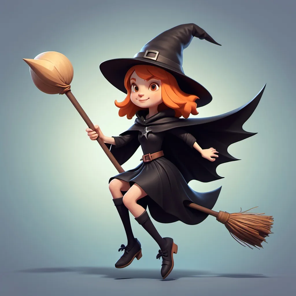 Prompt: small Witch game character, flying on a Broomstick, wearing a black cape, tall pointed hat.