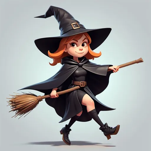 Prompt: small Witch game character, flying on a Broomstick, wearing a black cape, tall pointed hat.